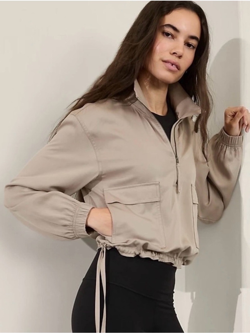 Athleta Jacket Womens Beige Celestial Utility Popover Rollable Sleeves Tie